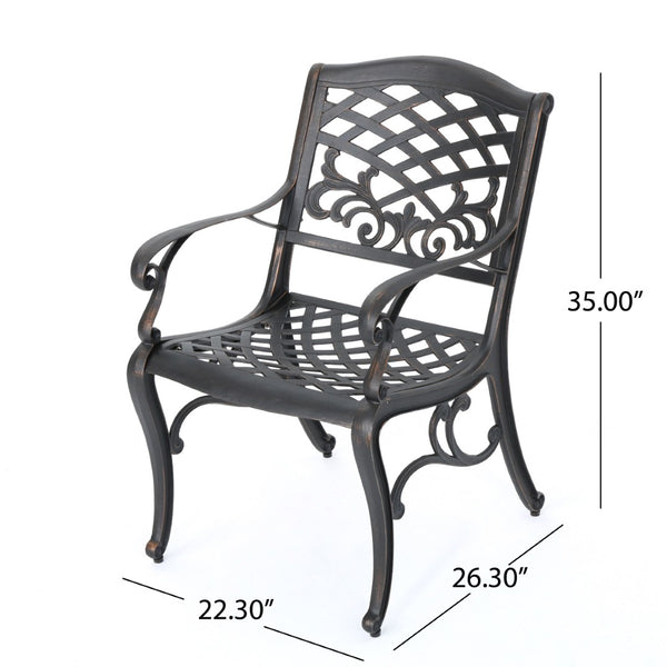 English Elm Phoenix Cast Aluminum Outdoor Dining Arm Chairs Ornate Lattice Scroll Garden Set Copper 54589.00SHNCOP