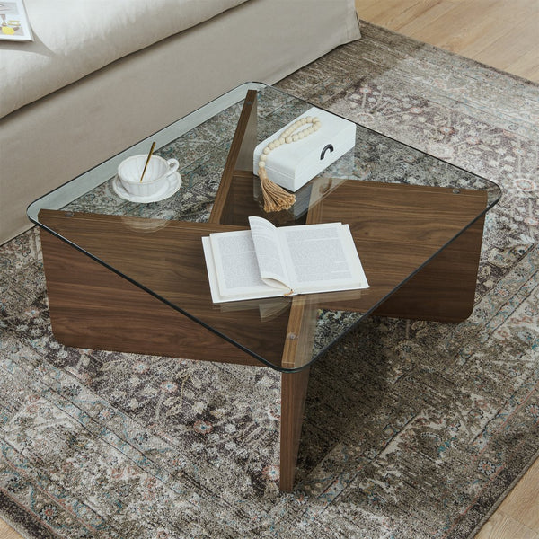 English Elm 31.5 Modern Square Glass Coffee Table with Tempered Top, Mid-Century Style Wooden Base, Durable 330lb Load Capacity Walnut W2972P277853