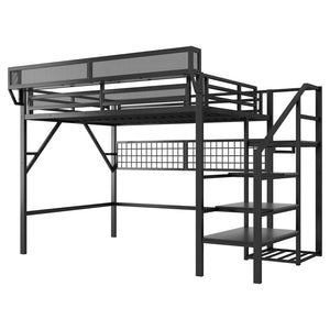 English Elm Queen Metal Loft Bed with Stair Storage Wardrobe Rgb Lighting for Teens Adults W2580S00052