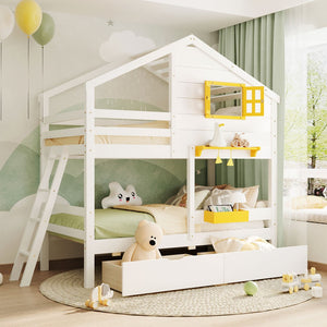 English Elm Twin Playhouse Bunk Bed Pinewood Frame with Pitched Roof Window Shelf and Storage Drawers White LT001608AAK-1