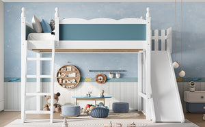 English Elm Queen Loft Bed With Storage Shelves, Fun Detachable Slide, Solid Wood Design, Blue & White Finish W1580S00249-GIGA