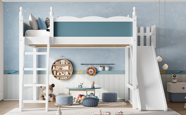 English Elm Queen Loft Bed With Storage Shelves, Fun Detachable Slide, Solid Wood Design, Blue & White Finish W1580S00249-GIGA