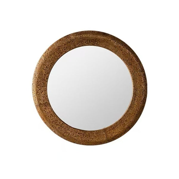 English Elm 31.3" Gold Iron Round Mirror Ribbed Texture Rivets Bohemian Accent for Bedroom W3158P407138