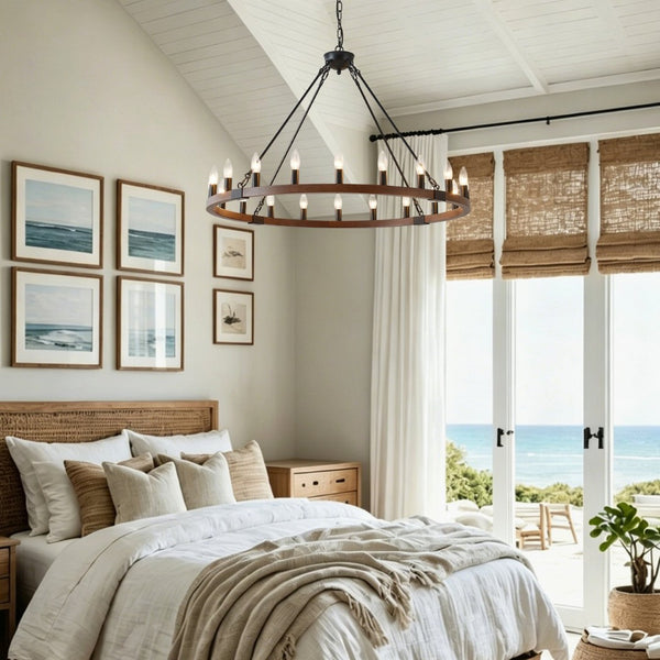English Elm 39.3 Inch Wood Wagon Wheel Chandelier with Seeded Glass Shades 20-light Farmhouse W5008P464781