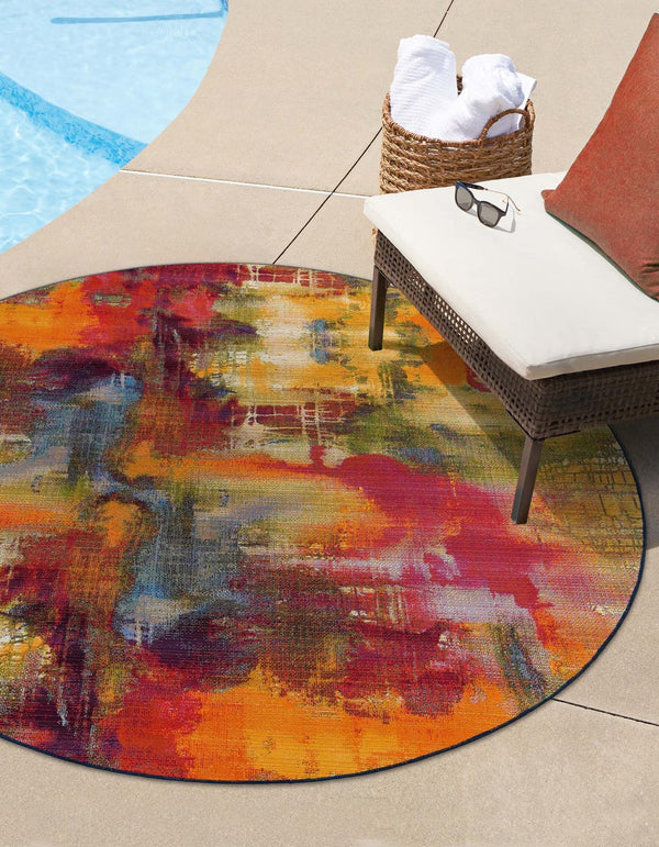 Unique Loom Outdoor Modern Azera Machine Made Abstract Rug Multi, Blue/Brown/Cream/Gold/Green/Navy Blue/Red/Orange 8' 0" x 8' 0"
