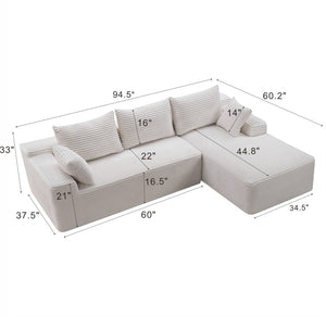English Elm 94.5" Jumbo Corduroy Cloud Sectional Deep Seat L-shape Couch for Living Room W5515P495043