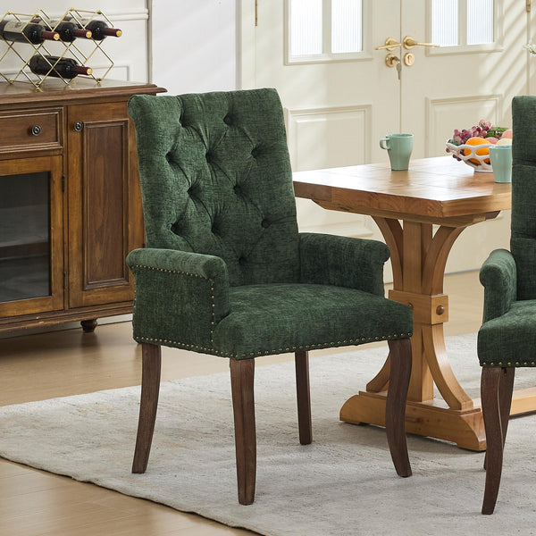English Elm Upholstered Chenille Accent Dining Chair with Tufted Diamond Back, Curved Solid Wood Legs, Comfortable Support Olive Green W1143P346929