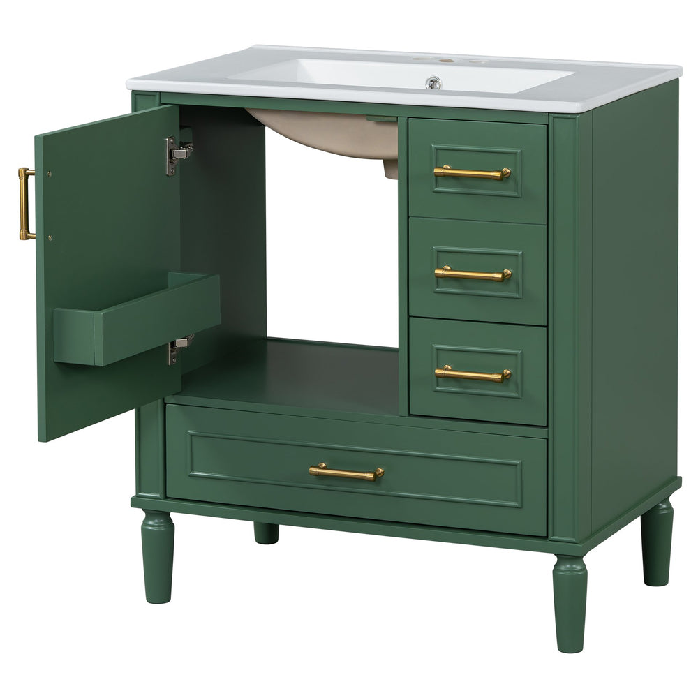 English Elm Traditional 30" Bathroom Vanity with Ceramic Basin, Soft-Close Door & Drawers, Gold Handles, Durable Wood Finish Green N729P184479F