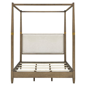 English Elm Canopy Queen Bed Brown Upholstered Canopy Frame Solid Wood Blend, Foam-Padded Headboard, Elegant Design B035S00062