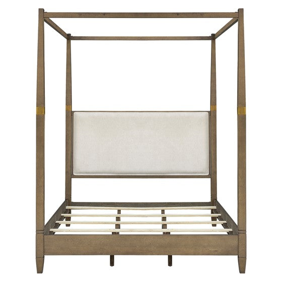 English Elm Canopy Queen Bed Brown Upholstered Canopy Frame Solid Wood Blend, Foam-Padded Headboard, Elegant Design B035S00062