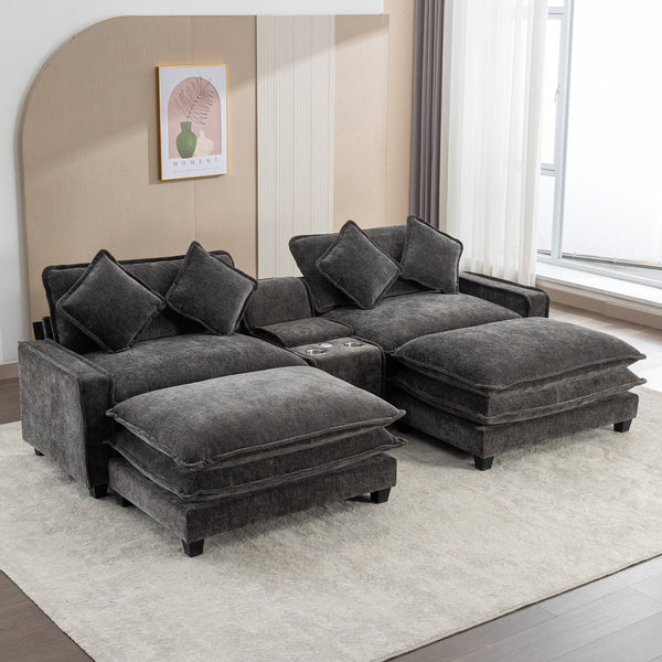 English Elm 111" Sectional Sofa Chenille Upholstered with Removable Ottoman, USB Ports, Cup Holders & Storage Box Grey N719S001480E