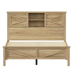 English Elm 3-Pieces Bedroom Set Full Size Farmhouse Platform Bed with Storage Headboard, Nightstand & Dresser Natural 46.25 L x 9.25 W x 9 H N733S369037M