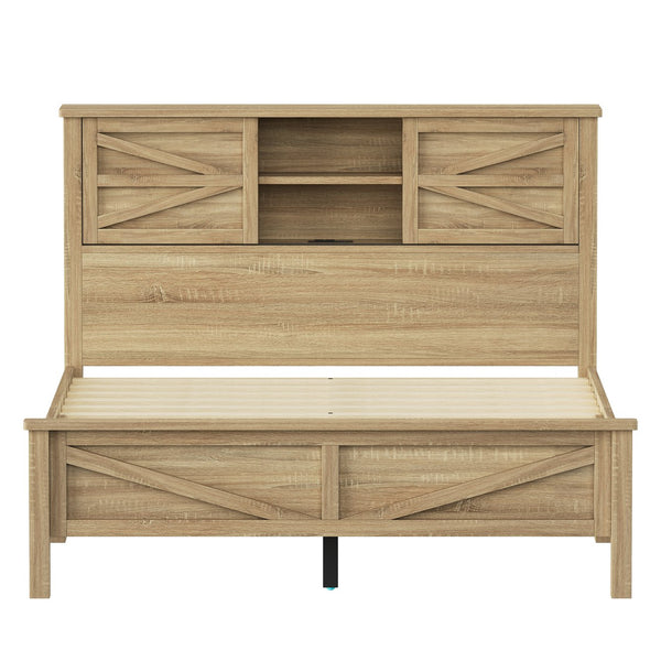English Elm 3-Pieces Bedroom Set Full Size Farmhouse Platform Bed with Storage Headboard, Nightstand & Dresser Natural 46.25 L x 9.25 W x 9 H N733S369037M