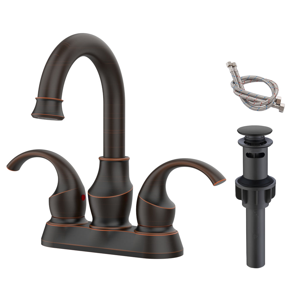 English Elm Oil Rubbed 2-Handle Crescent Moon Bathroom Faucet 4" Centerset with 360° Swivel, Pop-Up Drain & Hoses T3177P277488