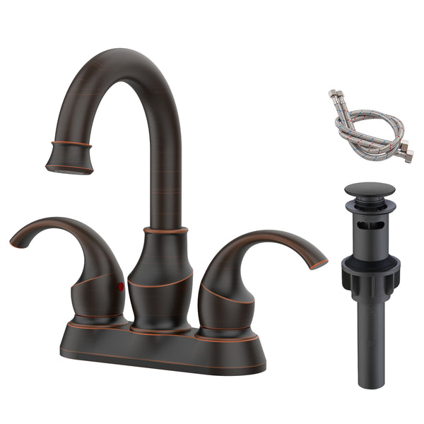 English Elm Oil Rubbed 2-Handle Crescent Moon Bathroom Faucet 4" Centerset with 360° Swivel, Pop-Up Drain & Hoses T3177P277488
