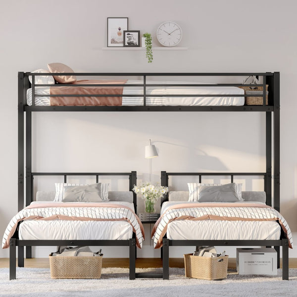 English Elm Twin Metal Triple Bunk Bed With Built-In Shelving, Space-Saving Design For Kids & Guests, Black Finish W1580S00118-GIGA