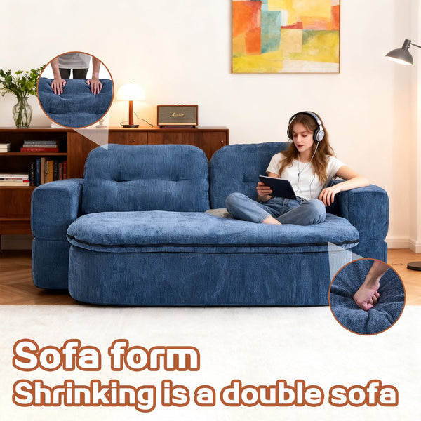 English Elm Modern Curved Floor Sofa Bed with 2 Pillows, No Assembly, High-Density Foam, Foldable Quilt Storage Dark Blue W3565P371223