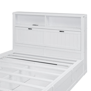 English Elm Wood Queen Size Hydraulic Platform Bed with LED Headboard, Charging Station, Hidden Storage Drawers and Shelves White GX000372AAK