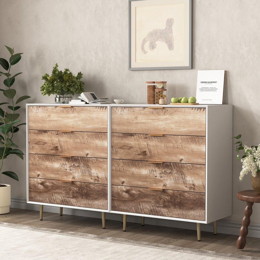 English Elm Wooden Tall 4 Drawer Dresser with Metal Legs, White+Natural Finish, Anti-Tip, Spacious Storage W409P171913