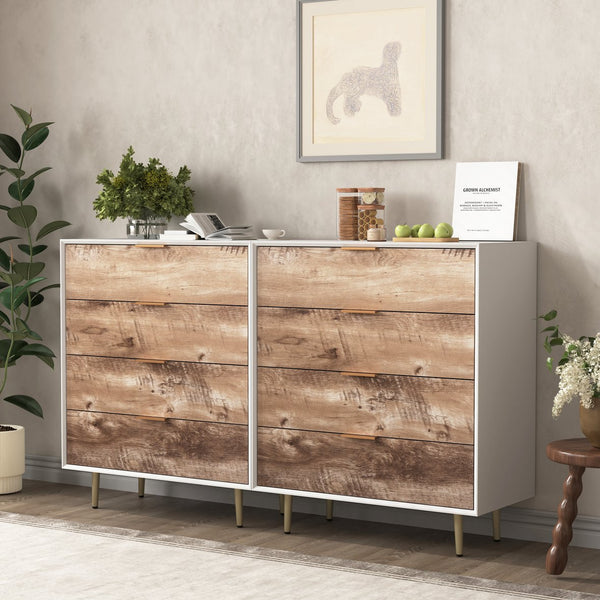 English Elm Wooden Tall 4 Drawer Dresser with Metal Legs, White+Natural Finish, Anti-Tip, Spacious Storage W409P171913