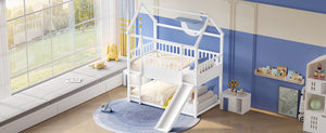 English Elm House Twin Bunk Bed with Built-In Slide and 3-Stage Ladder, Pine French Design with High Guardrail Safety White W1858P241095
