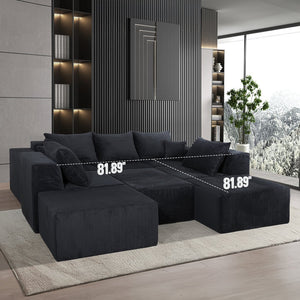 English Elm 8-Piece Modular U-Shaped Sectional Sofa with Oversized Chaise and Bed, Corduroy Luxury, No Assembly Needed Black W3163S00042