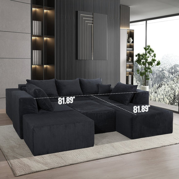 English Elm 8-Piece Modular U-Shaped Sectional Sofa with Oversized Chaise and Bed, Corduroy Luxury, No Assembly Needed Black W3163S00042