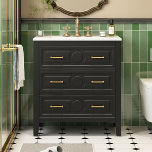 English Elm 30'' Bathroom Vanity with Ceramic Sink, Solid Wood Frame Retro Style Vanity with 3 Drawers & Gold Handles Black N710P246209B
