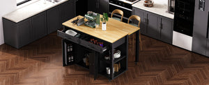 English Elm K&k Farmhouse Kitchen Island Extendable Table Rubber Wood Veneer Built-in Charging Storage Black N707S215327B
