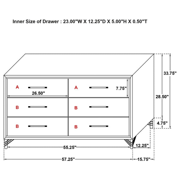English Elm Frances Six Drawer Dresser Warm Wood Grain Finish with Nickel Bail Handles for Bedroom B062P447798