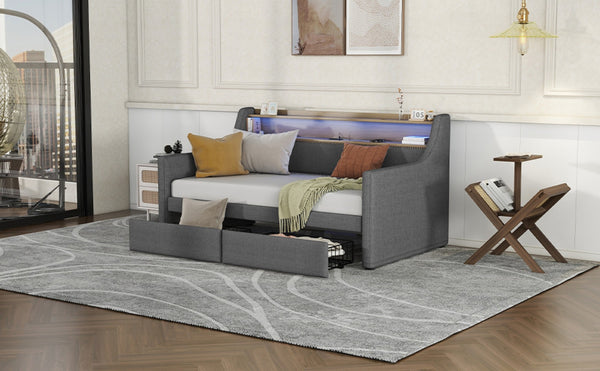 English Elm Twin Size Daybed With Built-In Storage, Charging Station & Led Lights - Stylish Gray Upholstered Design W1580S00060-GIGA