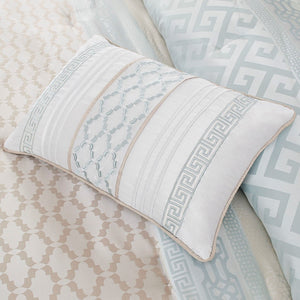 English Elm 7 Piece Madison Park Bennett Jacquard Comforter Set Aqua Queen – Neutral Geometric Stripes, Embroidered Pillows, Bedskirt Included B03596852