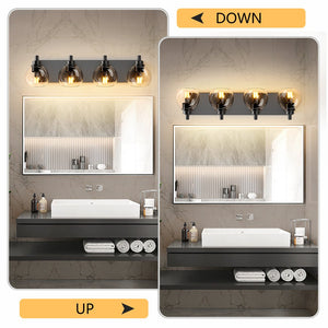 English Elm Industrial 4-Light Bathroom Vanity Light Matte Black with Clear Glass Globes, Modern Powder-Coated Fixture for Mirror Lighting (Bulbs Not Included) W1340P353040
