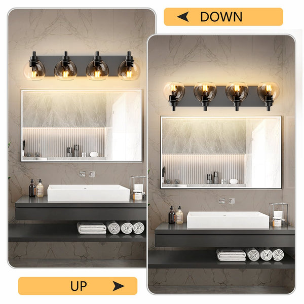 English Elm Industrial 4-Light Bathroom Vanity Light Matte Black with Clear Glass Globes, Modern Powder-Coated Fixture for Mirror Lighting (Bulbs Not Included) W1340P353040