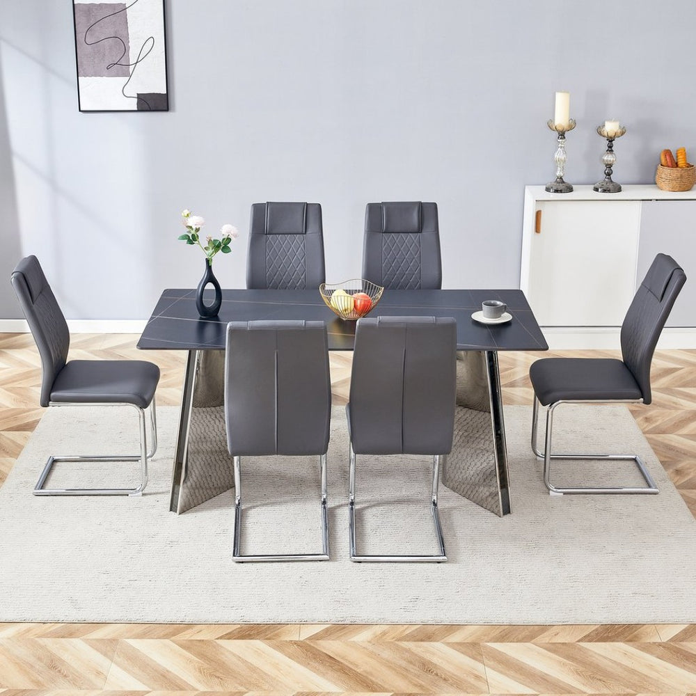 English Elm Table Set With Black Marble-Patterned Top & 6 Dark Gray Pu Chairs - Modern Dining Elegance & Comfort W1151S01962-GIGA