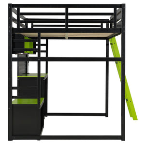 English Elm Full Size Gaming Loft Bed with Built-in Desk Led Lighting Usb Ports and Pegboard Black+Green LT000270AAG