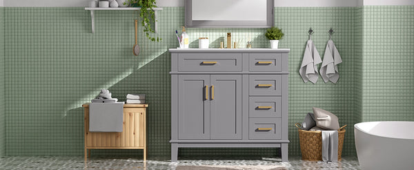 English Elm 36" Gray Modern Bathroom Vanity with Ceramic Sink, Solid Wood Frame, Soft-Close Doors & 4 Drawers N729P253935E