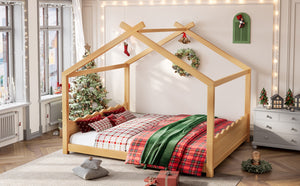 English Elm Queen House Frame Floor Bed Solid Pine Montessori Low Profile Kids Bedroom Natural W1580P387849