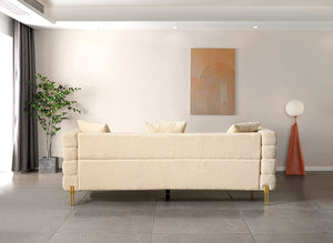 English Elm Luxurious three-seat upholstered sofa with golden legs and plush pillows, modern chic design for living rooms Beige B205S00085