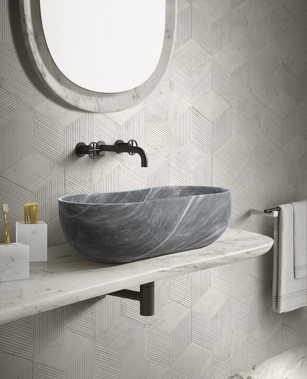 English Elm Carrara Gray Marble Vessel Sink - Semi-Polished, Unique Design For Elegant Bathrooms, 23.6X14.2 Inches W1696P333270
