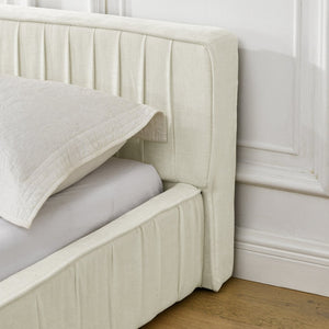 English Elm Queen Upholstered Bed Frame In Soft Beige Chenille - No Box Spring Needed, Modern Pleated Design W487S00336-GIGA