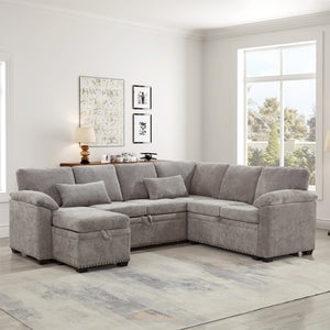 English Elm 97 Inch L-shaped Chenille Sectional Sofa with Sleeper Storage Ottoman 7 Seats Grey W1669S00018