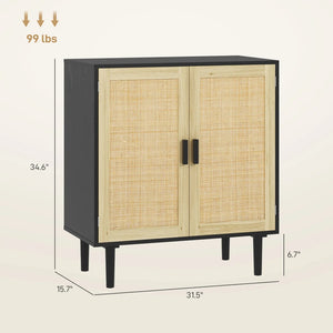 English Elm Sideboard, Bohemian Rattan Door Storage Cabinet with Pine Legs for Dining or Living Room T3971P399215