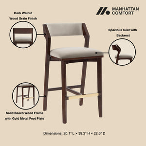 English Elm Patricia Velvet Upholstered Barstool with Dark Walnut Frame, Gold Footrest Accent, Commercial Grade Linen B365P398049