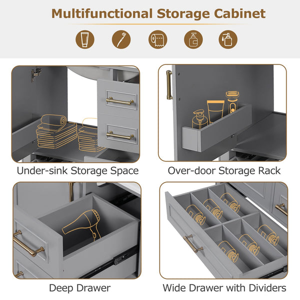 English Elm 30" Elegant Bathroom Vanity with Ceramic Sink, Soft-Close Door & 3 Drawers, Gold Handles, Durable Finish Gray N729P184479E