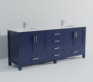 English Elm Navy Double Bath Vanity 80" W x 22" D with White Quartz Top, 2 Cabinets, 6 Drawers, Chrome Faucet B2731P259140