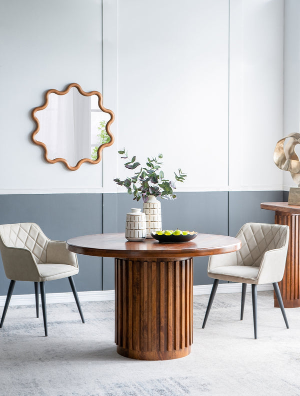 English Elm D47x30" Round Wooden Pedestal Dining Table in Walnut Brown, 47" Diameter, Carved Vertical Base, Organic Modern Flair W2078P293824