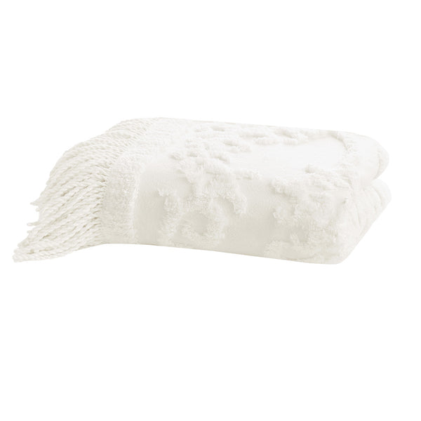 JLA Home Madison Park - 100% Cotton Tufted Chenille Throw with Fringe Tassel — Lightweight, Breathable Boho Layering Accent Ivory MP50N-5513