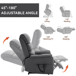 English Elm Dual Motor Power Lift Recliner with Massage Heat and 180 Degree Brown Lounge Chair Grey W1803S00062
