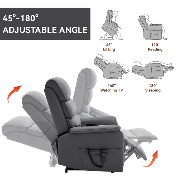English Elm Dual Motor Power Lift Recliner with Massage Heat and 180 Degree Brown Lounge Chair Grey W1803S00062
